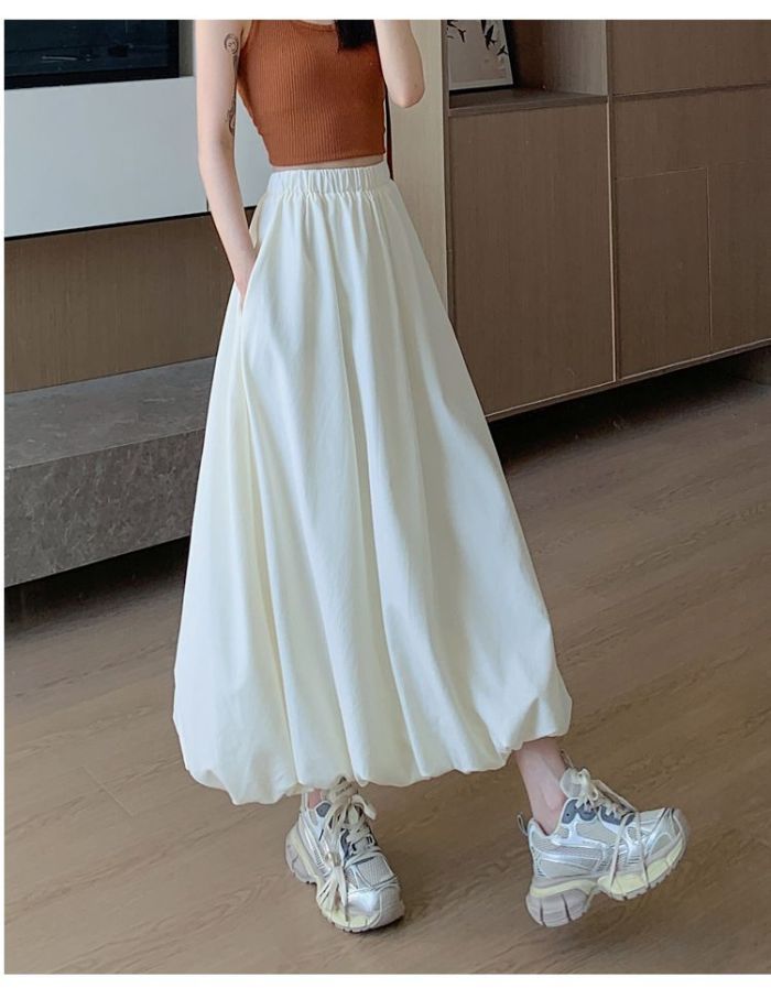 Sweet Girl's Puffy Flower Bud Skirt Solid Color Versatile A-line Skirt High-waisted Slim Lantern Long Skirt