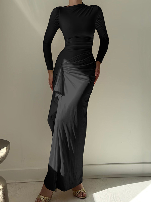 Split-Joint Solid Color Ruffled Pleated Asymmetric Long Sleeves Irregularity Round-Neck Maxi Dresses
