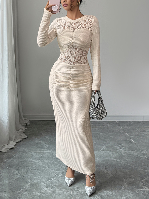 Zipper Split-Joint Split-Back Solid Color Pleated Lacy Hollow Long Sleeves Bodycon Round-Neck Maxi Dresses
