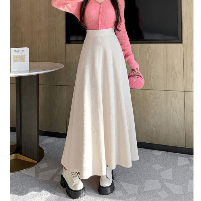 Autumn Winter French New Elastic Solid Color Knitted Skirt A Word and Naked Elastic Waist All-match High Waist Skirts