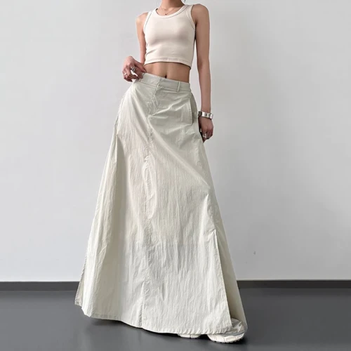 Retro Slit Women Cargo Skirts Summer High Waist Streetwear Midi Skirts Y2K American Chic Hip All Match Folds A Line Skirt Mujer