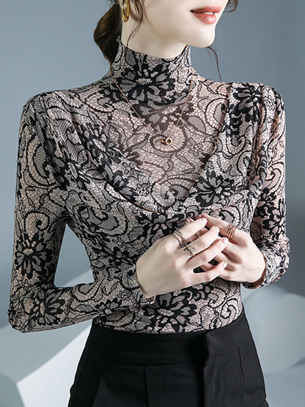 Pleated Flower Print Long Sleeves Mock Neck T-Shirts Tops