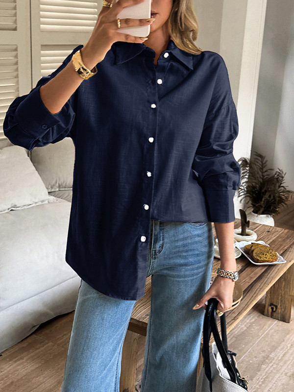 Solid Color Buttoned Loose Long Sleeves Lapel Blouses&shirts Tops