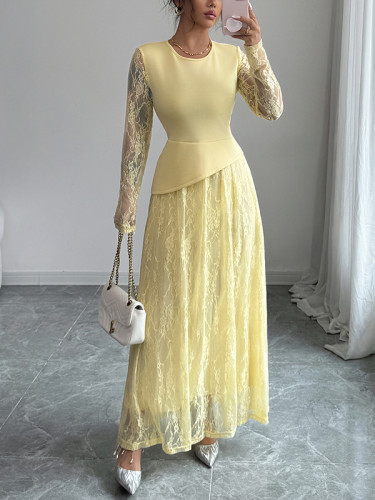 Split-Joint Solid Color See-Through Layered Flower Print Asymmetric Long Sleeves Irregularity Round-Neck Maxi Dresses