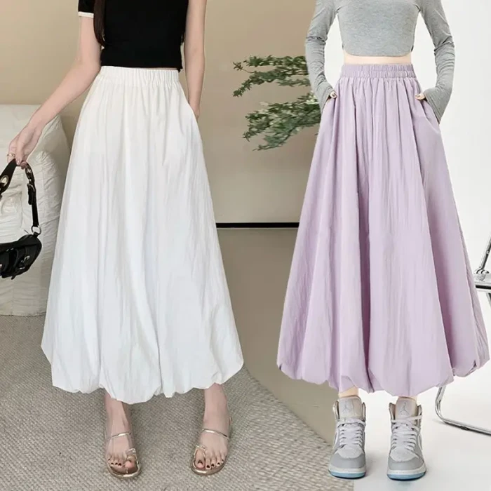Sweet Girl's Puffy Flower Bud Skirt Solid Color Versatile A-line Skirt High-waisted Slim Lantern Long Skirt