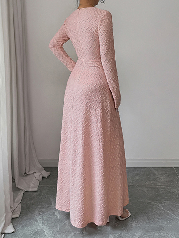 Solid Color Pleated Long Sleeves High Waisted Deep V-Neck Maxi Dresses