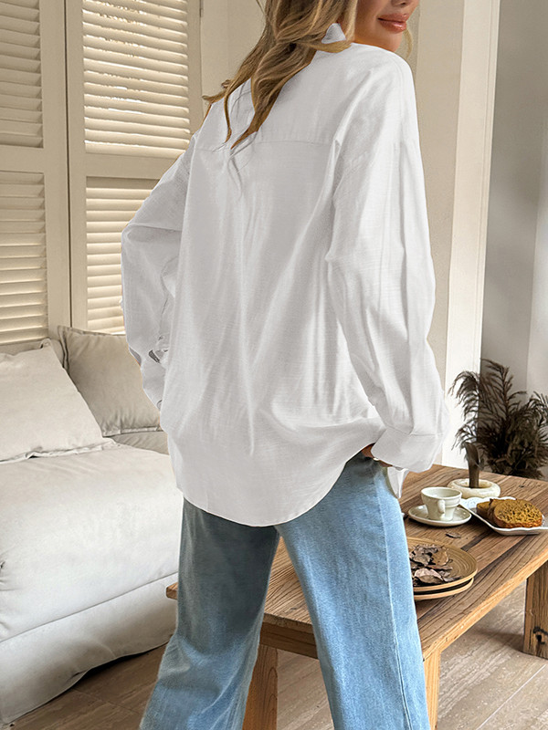 Solid Color Buttoned Loose Long Sleeves Lapel Blouses&shirts Tops