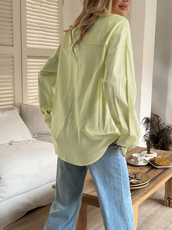Solid Color Buttoned Loose Long Sleeves Lapel Blouses&shirts Tops