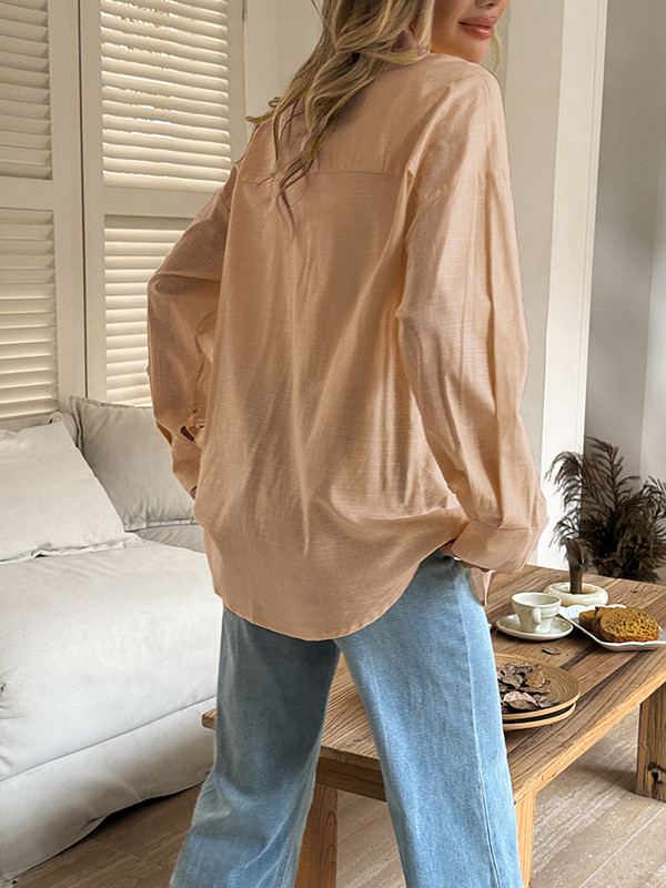 Solid Color Buttoned Loose Long Sleeves Lapel Blouses&shirts Tops