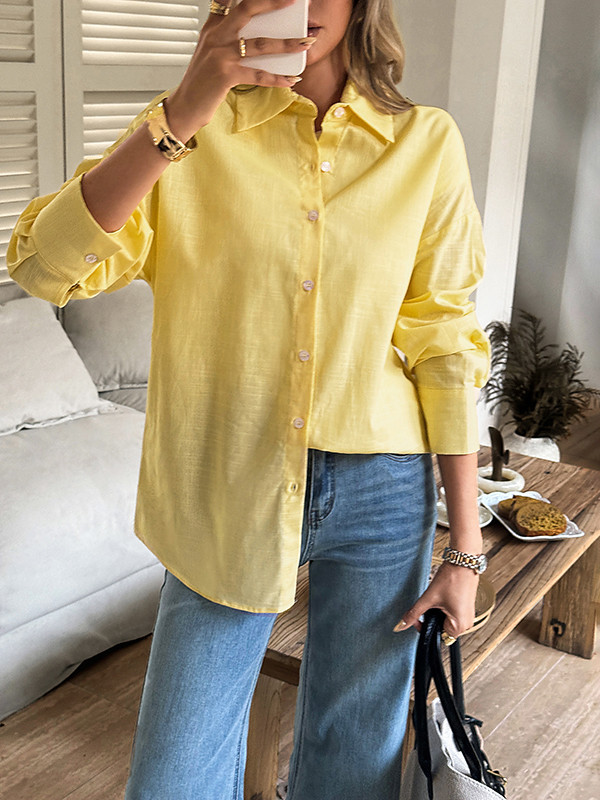 Solid Color Buttoned Loose Long Sleeves Lapel Blouses&shirts Tops