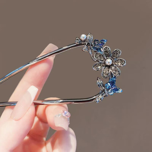 2025 Butterfly Fan U-Shaped Hairpin for Women Rhinestone Flower Hair Clasp On The Back of The Head Modern Simple Bun Hair Sticks