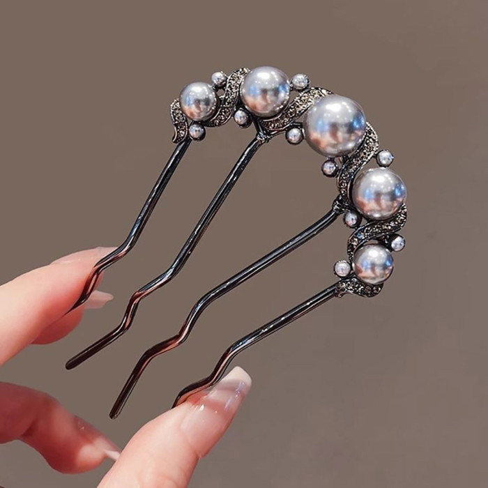 Chinese Ancient Style Exquisite Pearl Rhinestone Flower U-shaped Hair Comb Women Elegant Temperament Daily Metal Hairpin