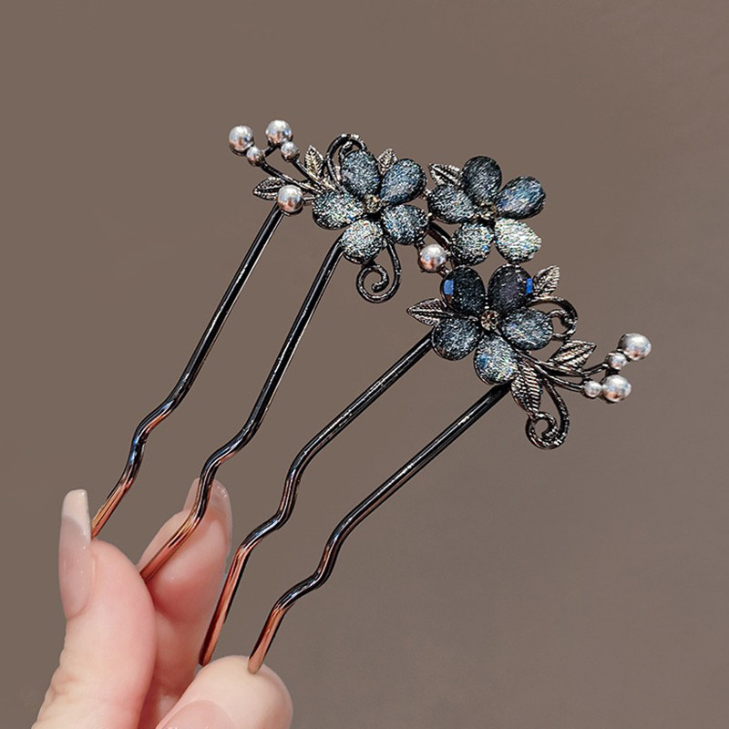 Chinese Ancient Style Exquisite Pearl Rhinestone Flower U-shaped Hair Comb Women Elegant Temperament Daily Metal Hairpin