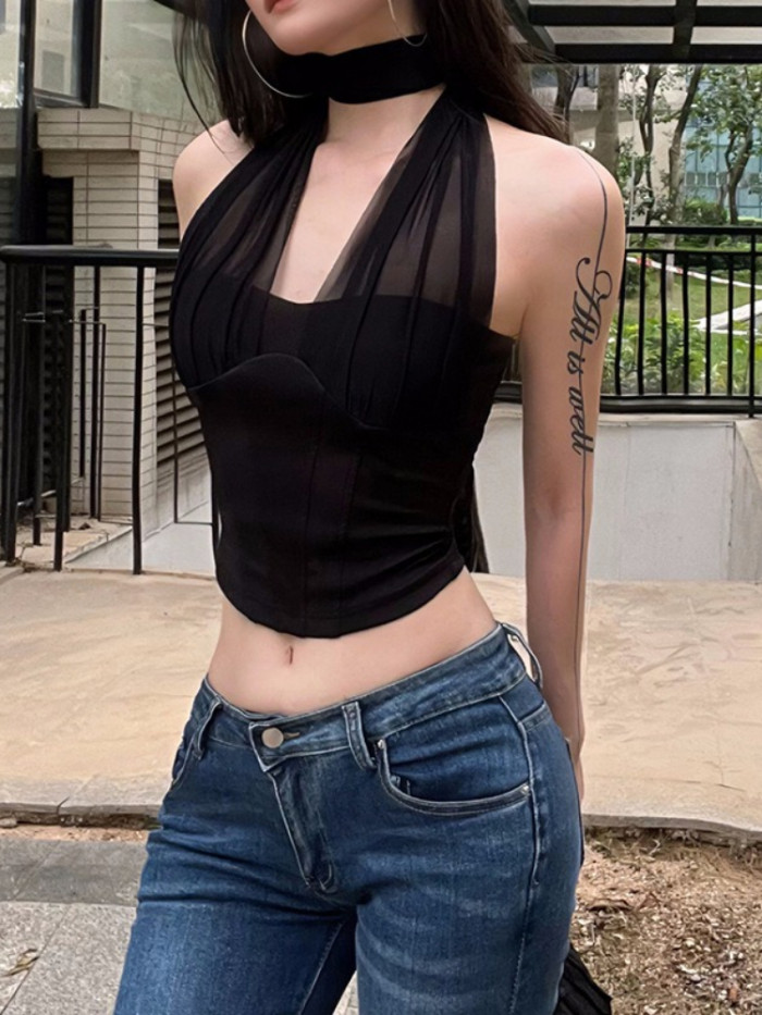 Sexy Gauze Patchwork Halter Bandage Tank Top Y2k Aesthetic Pleated Grunge Crop Camisole Women Streetwear Backless Bodycon Tanks