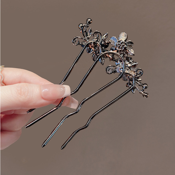 Chinese Ancient Style Exquisite Pearl Rhinestone Flower U-shaped Hair Comb Women Elegant Temperament Daily Metal Hairpin