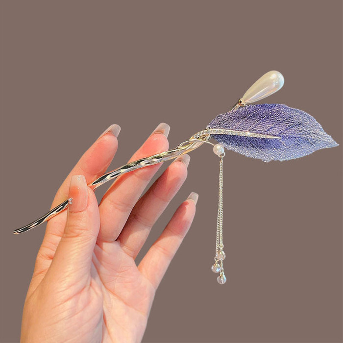 Elegant New Chinese Style Hair Clip Purple Leaves Pearl Tassel Hair Stick Floral Design Hair Accessory Women Jewelry Hairpin