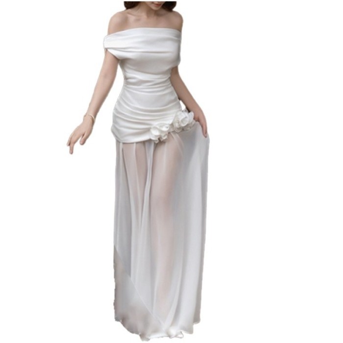 Fashion Summer New Pure Desire White One-shoulder Bandeau Mesh Long Dress for Women