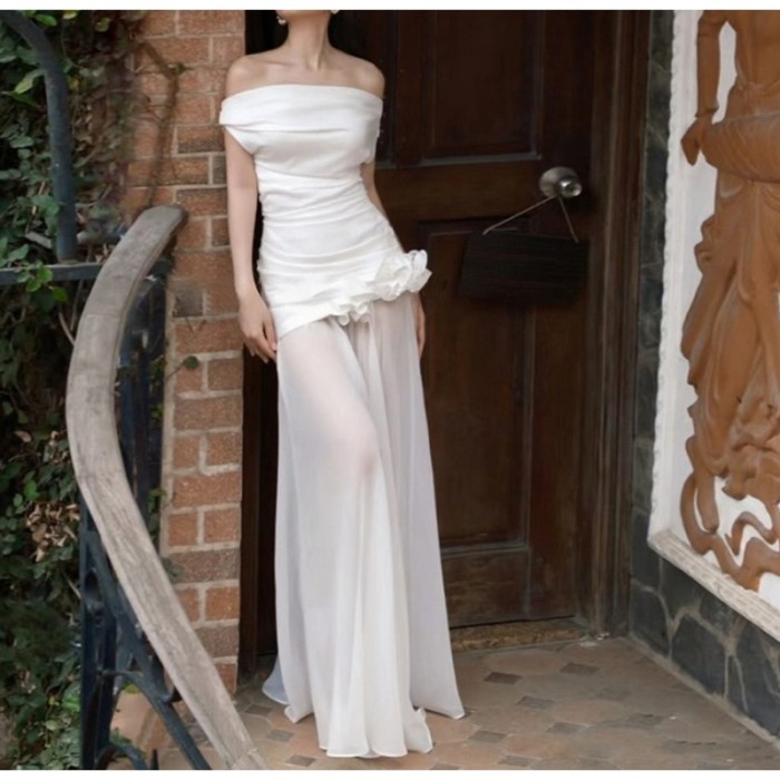 Fashion Summer New Pure Desire White One-shoulder Bandeau Mesh Long Dress for Women