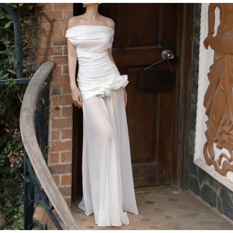 Fashion Summer New Pure Desire White One-shoulder Bandeau Mesh Long Dress for Women