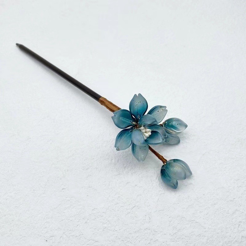 Blue Flower Hair Stick Fork Ancient Style Vintage Sandalwood Hair Clasp Cheongsam Decor Hair Bun Jewelry Chinese Headwear