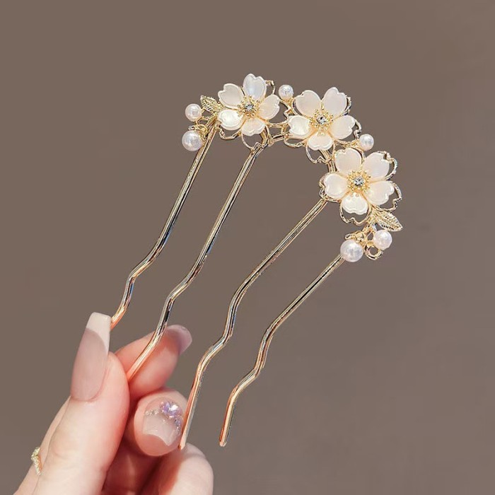Chinese Ancient Style Exquisite Pearl Rhinestone Flower U-shaped Hair Comb Women Elegant Temperament Daily Metal Hairpin