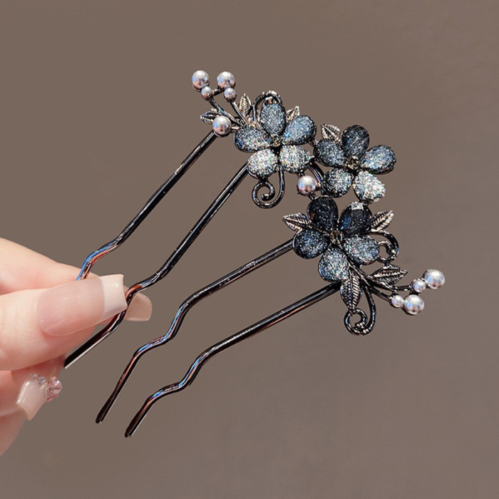 Chinese Ancient Style Exquisite Pearl Rhinestone Flower U-shaped Hair Comb Women Elegant Temperament Daily Metal Hairpin