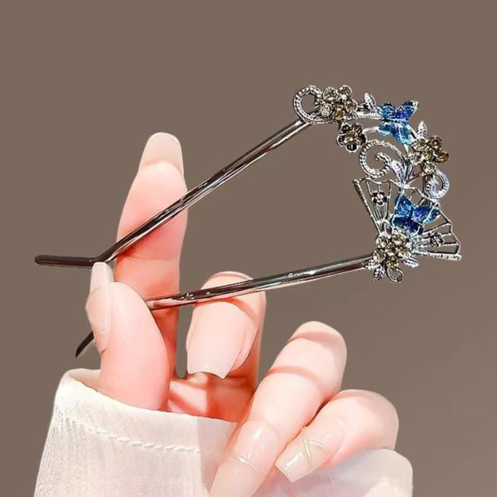 2025 Butterfly Fan U-Shaped Hairpin for Women Rhinestone Flower Hair Clasp On The Back of The Head Modern Simple Bun Hair Sticks