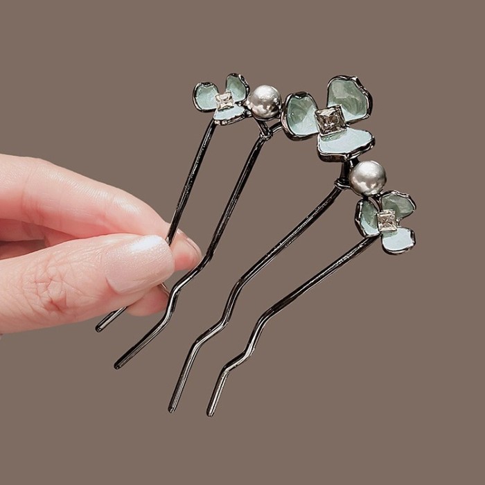 Chinese Ancient Style Exquisite Pearl Rhinestone Flower U-shaped Hair Comb Women Elegant Temperament Daily Metal Hairpin