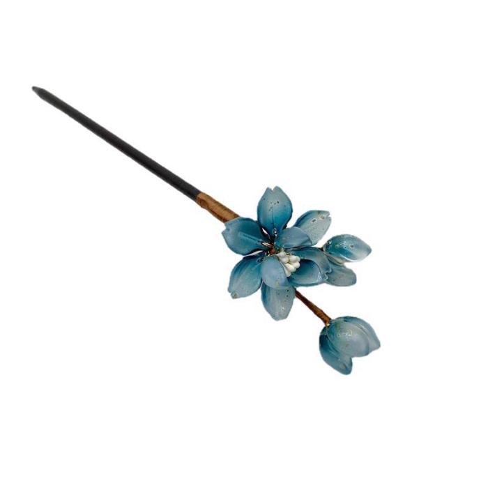 Blue Flower Hair Stick Fork Ancient Style Vintage Sandalwood Hair Clasp Cheongsam Decor Hair Bun Jewelry Chinese Headwear