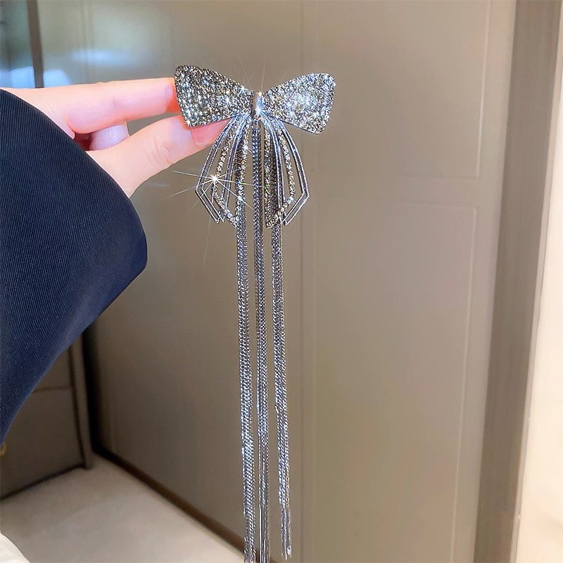 New Y2K Full Rhinestone Bow Tassel Hair Clips for Women Delicate Sparkly Ponytail Hairpin Large Size Headwear Hair Accessories
