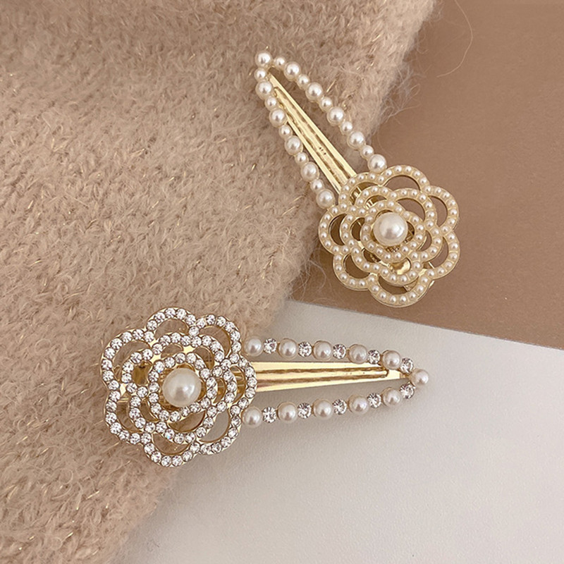 Korean Style Pearl Rhinestone Camellia Hair Clip Pearl Side Duck Beak Clip Women's Broken Bangs Clip Hair Accessories