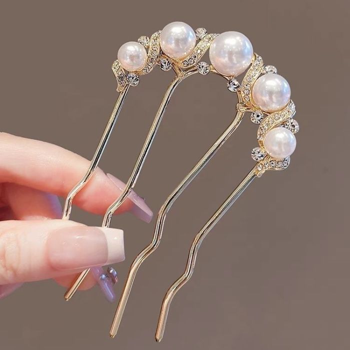 Chinese Ancient Style Exquisite Pearl Rhinestone Flower U-shaped Hair Comb Women Elegant Temperament Daily Metal Hairpin