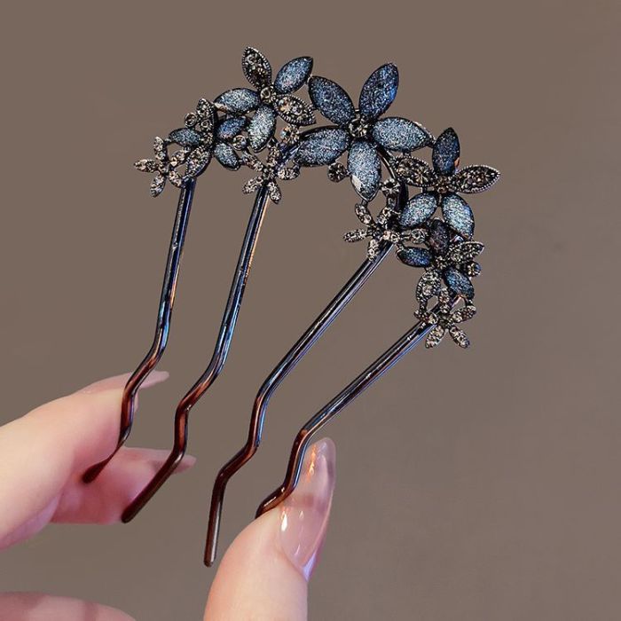 Chinese Ancient Style Exquisite Pearl Rhinestone Flower U-shaped Hair Comb Women Elegant Temperament Daily Metal Hairpin