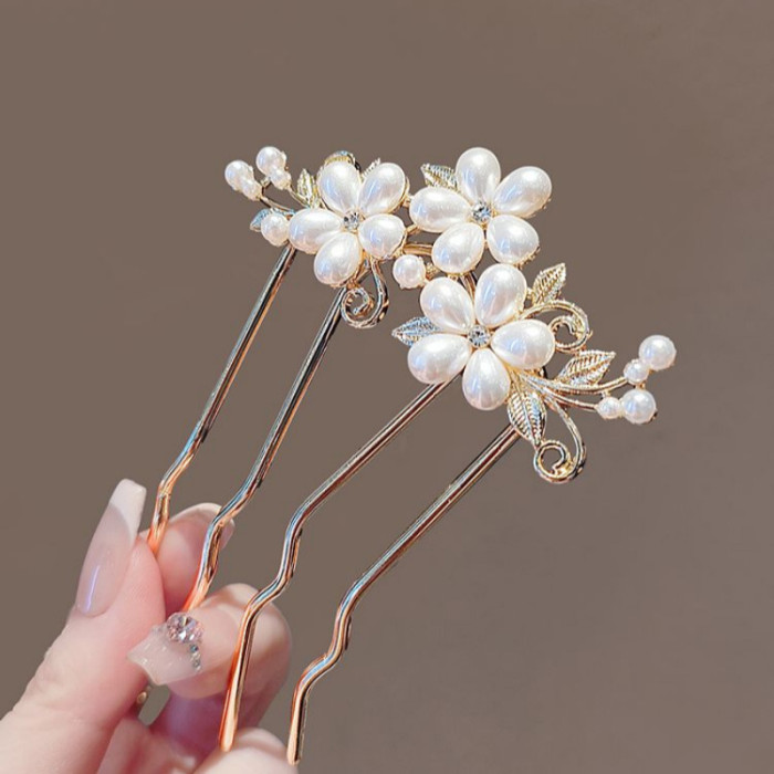 Chinese Ancient Style Exquisite Pearl Rhinestone Flower U-shaped Hair Comb Women Elegant Temperament Daily Metal Hairpin