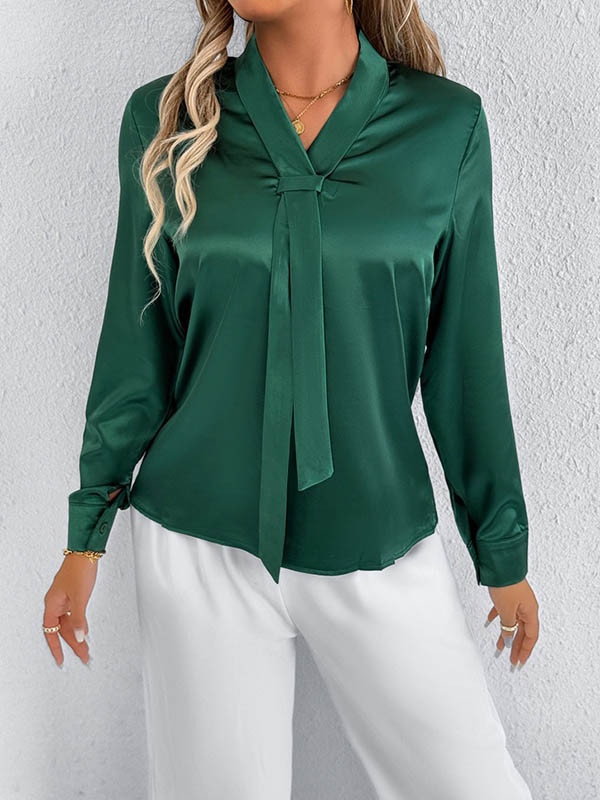 Solid Color Split-Joint Streamer Long Sleeves Loose Scarf Collar Blouses&Shirts Tops