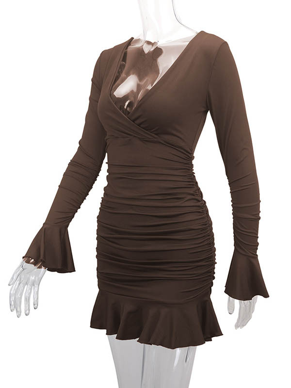 Pleated Ruffled Solid Color Split-Joint Bodycon Elasticated Waist V-Neck Midi Dresses