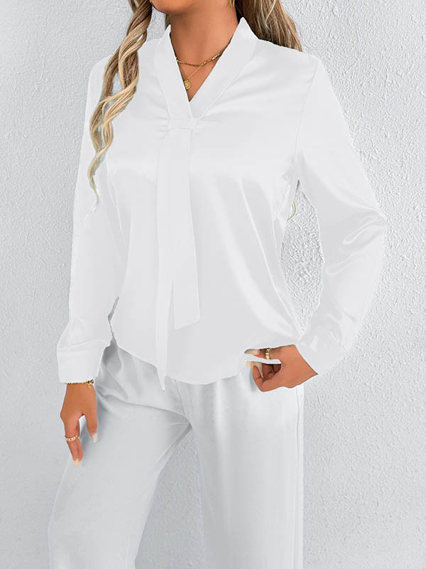 Solid Color Split-Joint Streamer Long Sleeves Loose Scarf Collar Blouses&Shirts Tops