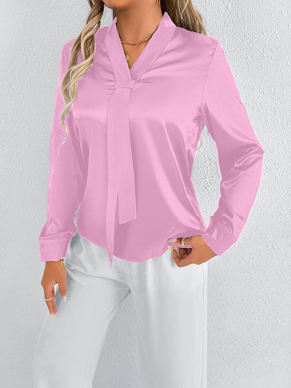 Solid Color Split-Joint Streamer Long Sleeves Loose Scarf Collar Blouses&Shirts Tops