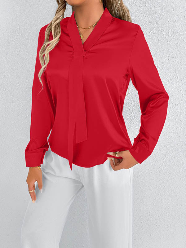 Solid Color Split-Joint Streamer Long Sleeves Loose Scarf Collar Blouses&Shirts Tops