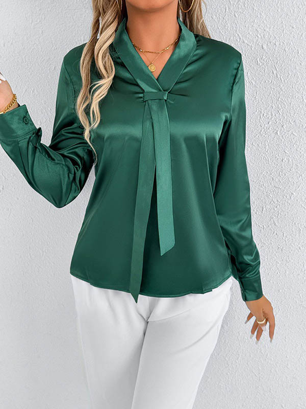 Solid Color Split-Joint Streamer Long Sleeves Loose Scarf Collar Blouses&Shirts Tops