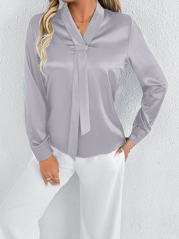 Solid Color Split-Joint Streamer Long Sleeves Loose Scarf Collar Blouses&Shirts Tops