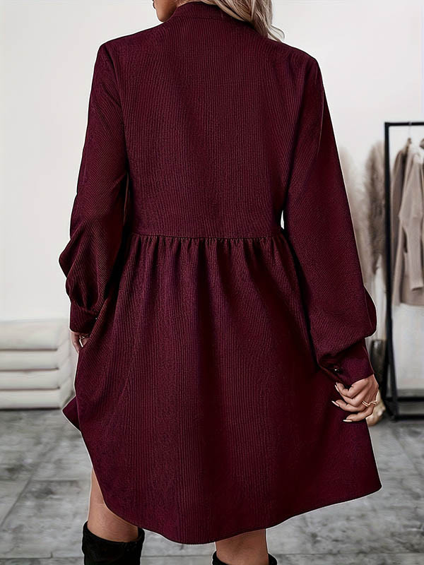 Belted Buttoned Pleated Solid Color Split-Joint A-Line Elasticated Waist Stand Collar Shirt Dress Midi Dresses