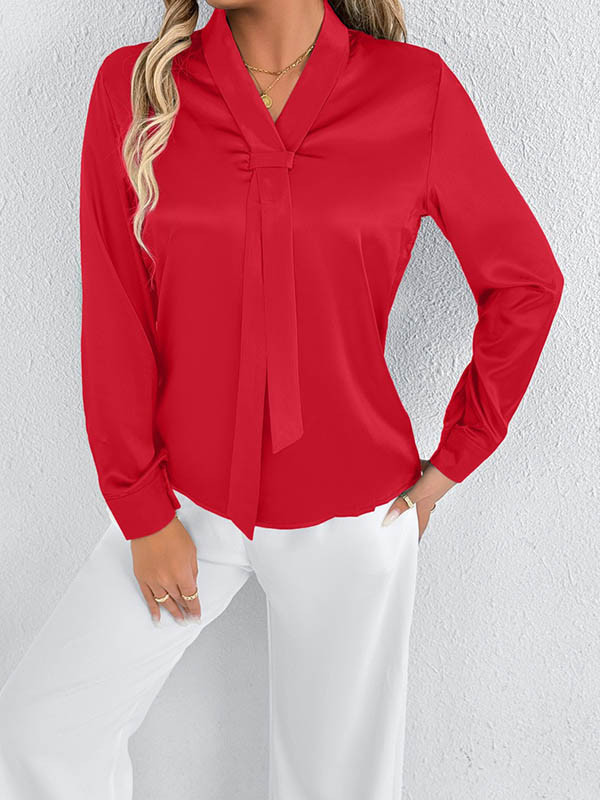Solid Color Split-Joint Streamer Long Sleeves Loose Scarf Collar Blouses&Shirts Tops