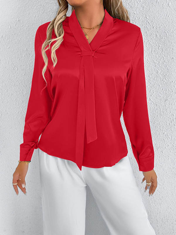 Solid Color Split-Joint Streamer Long Sleeves Loose Scarf Collar Blouses&Shirts Tops