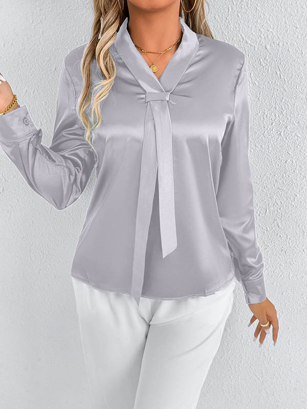 Solid Color Split-Joint Streamer Long Sleeves Loose Scarf Collar Blouses&Shirts Tops
