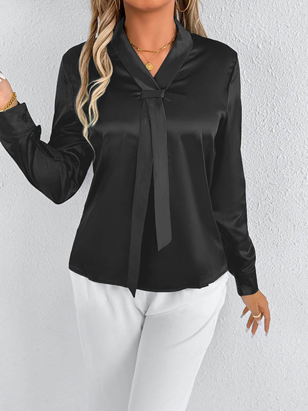 Solid Color Split-Joint Streamer Long Sleeves Loose Scarf Collar Blouses&Shirts Tops