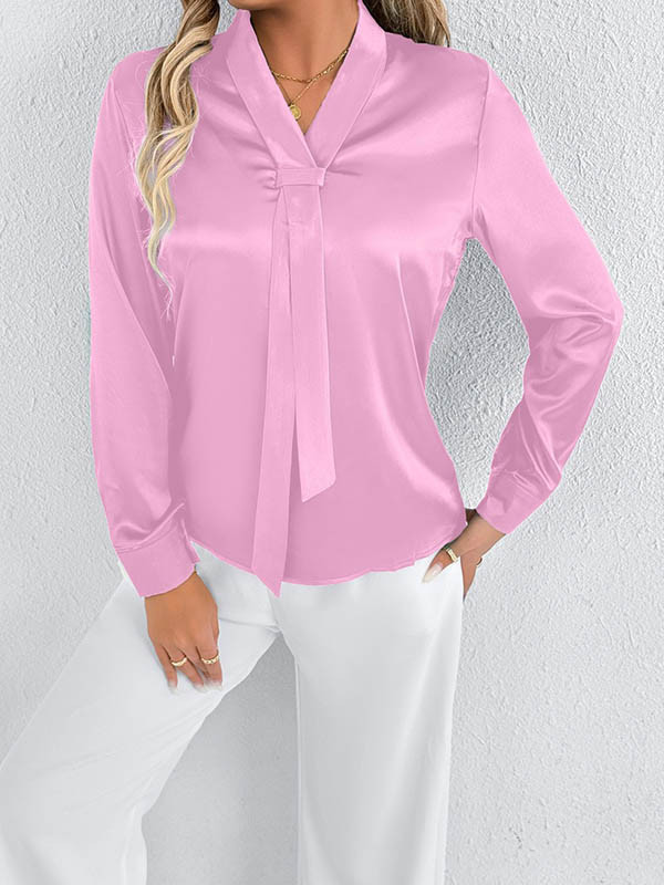 Solid Color Split-Joint Streamer Long Sleeves Loose Scarf Collar Blouses&Shirts Tops