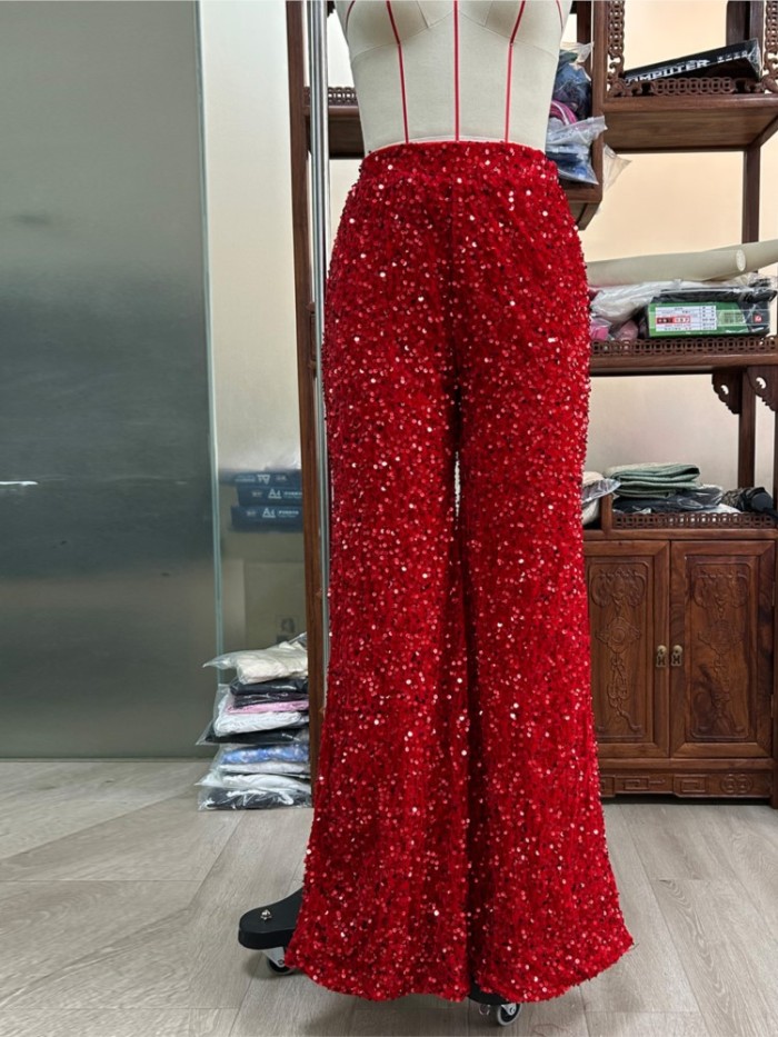 Fashion Sequined Mid-waist Trousers Women's Spring And Summer New Style Slim And Elegant Ladies Party Hip Wide Leg Trousers