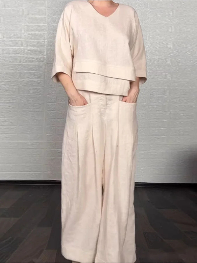 Casual Loose Irregular Cotton Linen Women's Top Set Spring Summer New Fashion Pocket Wide-leg Pants For Women Office 2-piece Set
