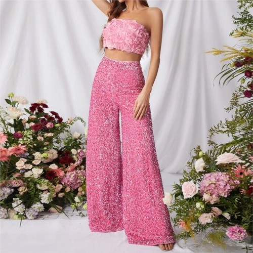 Fashion Sequined Mid-waist Trousers Women's Spring And Summer New Style Slim And Elegant Ladies Party Hip Wide Leg Trousers